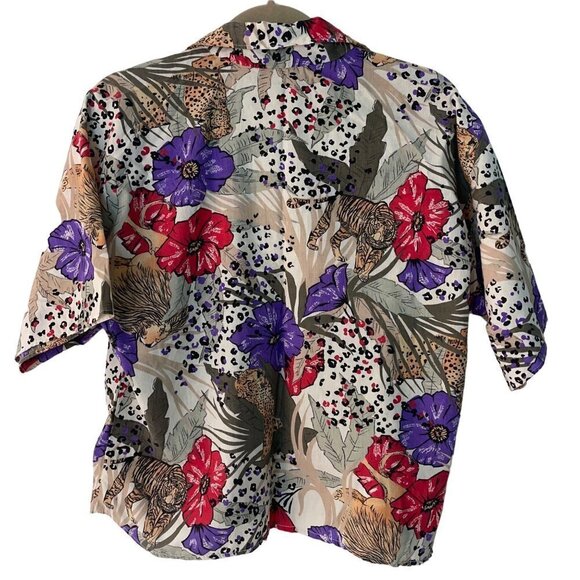 Caribou Vintage Womens Camp Shirt Size Large Cheetah Floral Print Button Down - Picture 2 of 10